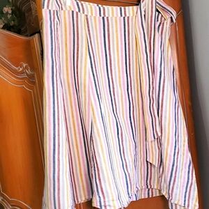 BODEN wrap around linen skirt. Striped blue, red, gold, gray, pink. SIZE 20/22R